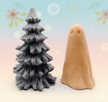 Load image into Gallery viewer, Handmade vegan soaps featuring a ghost and christmas tree gift boxed in beautiful eco friendly packaging crafted with natural French clays, activated charcoal and essential oils. a eco-friendly, zero waste gift that’s cruelty-free, skin-nourishing, and perfect for creepmas gifts and horror gifts. small business UK
