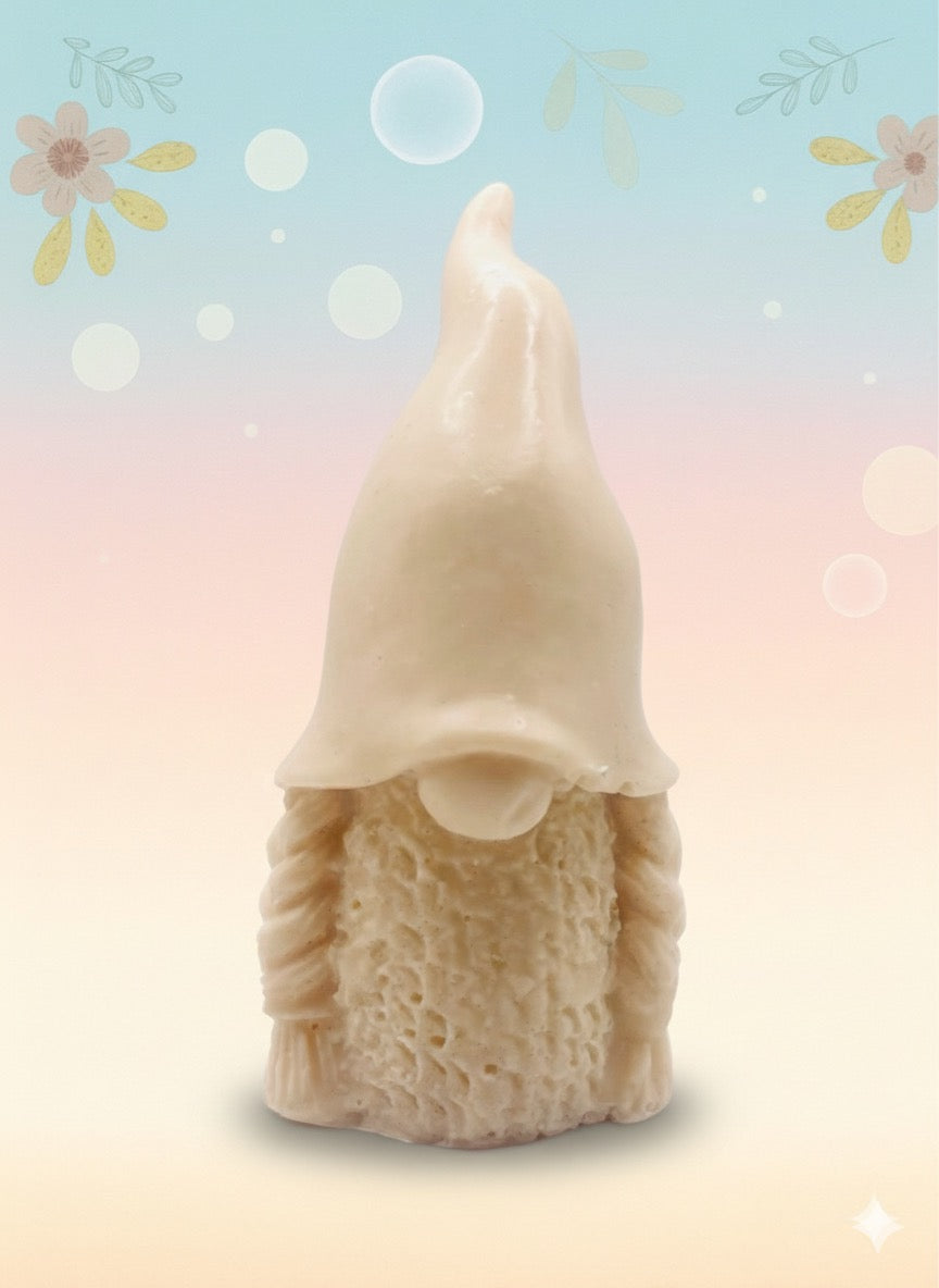 Handmade vegan soap featuring a chunky girl gnome with long plaits packed in beautiful eco friendly packaging. crafted with natural French clays, activated charcoal and essential oils. a eco-friendly, zero waste gift that’s cruelty-free, skin-nourishing, and perfect for gnome lovers or animal themed gifts. Small business UK