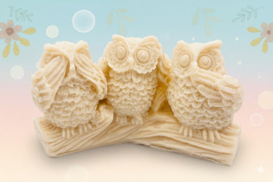 Handmade vegan soaps featuring the three wise owls sat on a log. see no evil, hear no evil speak no evil. crafted with natural French clays, activated charcoal and essential oils. a eco-friendly, zero waste gift that’s cruelty-free, skin-nourishing, and perfect for animal lovers and teacher appreciation gifts. small business UK