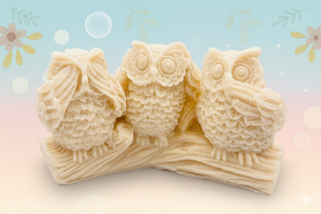 Handmade vegan soaps featuring the three wise owls sat on a log. see no evil, hear no evil speak no evil. crafted with natural French clays, activated charcoal and essential oils. a eco-friendly, zero waste gift that’s cruelty-free, skin-nourishing, and perfect for animal lovers and teacher appreciation gifts. small business UK