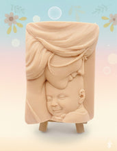 Load image into Gallery viewer, Handmade vegan soaps featuring mother and her new baby, in beautiful eco friendly packaging. crafted with natural French clays, activated charcoal and essential oils. a eco-friendly, zero waste gift that’s cruelty-free, skin-nourishing, the perfect gift for any new mother or baby shower gift. small business UK
