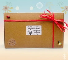 Load image into Gallery viewer, Handmade vegan soaps featuring a set of two chunky highland cow soaps, gift boxed .. crafted with natural French clays, activated charcoal and essential oils. a eco-friendly, zero waste gift that’s cruelty-free, skin-nourishing, and perfect for animal lover gifts and highland cow gifts for her. UK Small Business. 

