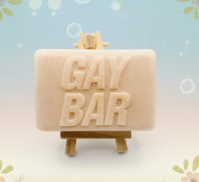 Load image into Gallery viewer, Handmade vegan soaps featuring the wording GAY BAR novelty gift. crafted with natural French clays, activated charcoal and essential oils. a eco-friendly, zero waste gift that’s cruelty-free, skin-nourishing, and perfect for pride gifts and LGBTQ gifts, hen party favours. wrapped in beautiful eco friendly packaging. 
