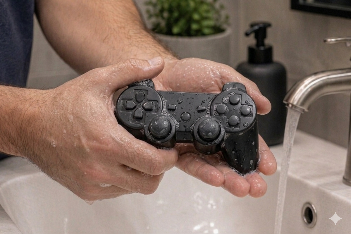 Hand washing scene of vegan soap shaped as a video game controller. crafted with natural French clays, activated charcoal and essential oils. a eco-friendly, zero waste gift that’s cruelty-free, skin-nourishing, and perfect for gamers and gifting.
