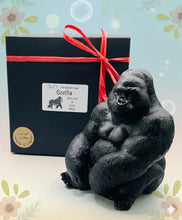 Load image into Gallery viewer, Handmade vegan soaps featuring a huge detailed gorilla soap gift boxed in beautiful eco friendly packaging crafted with natural French clays, activated charcoal and essential oils. a eco-friendly, zero waste gift that’s cruelty-free, skin-nourishing, and perfect for gorilla lovers, gifts for him and animal themed gifts. small business UK
