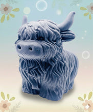 Load image into Gallery viewer, Handmade vegan soaps featuring a  large detailed highland cow. crafted with natural French clays, activated charcoal and essential oils. a eco-friendly, zero waste gift that’s cruelty-free, skin-nourishing, and perfect for animal lovers and gifting.
