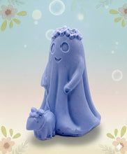 Load image into Gallery viewer, handmade vegan soap featuring a ghost with a flower crown walking a small dog, set against a soft pastel background for a whimsical farmhouse decor touch.
