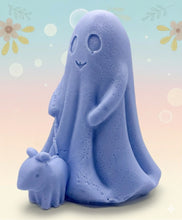 Load image into Gallery viewer, handmade vegan soap featuring a smiling ghost walking a small dog on a lead,
