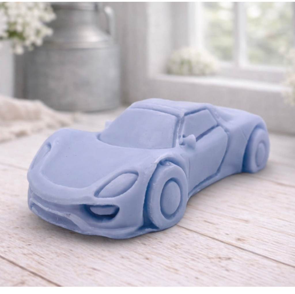Handmade vegan soap gift featuring a sports car wrapped in beautiful eco friendly packaging