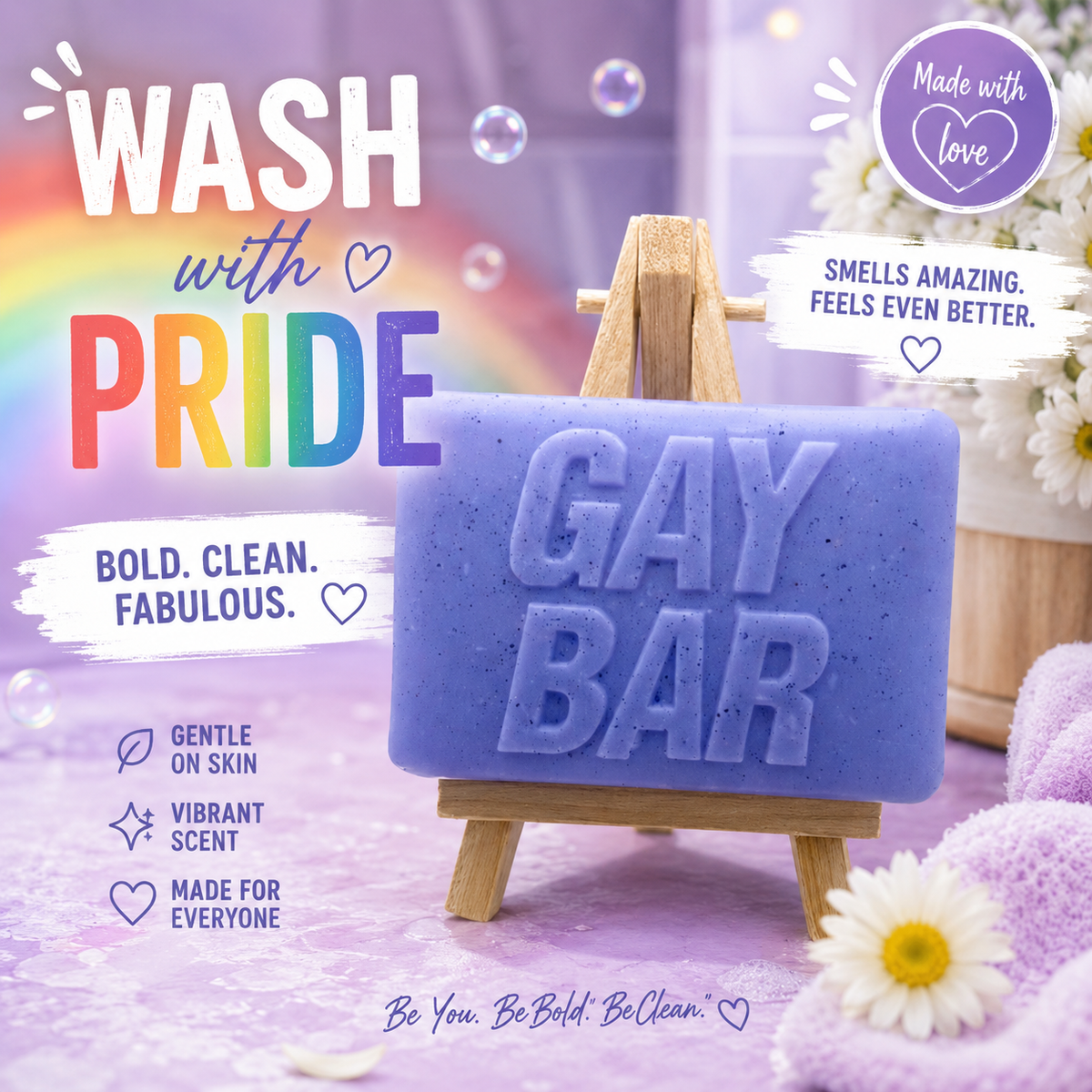 A rectangular handmade vegan soap  featuring the words "GAY BAR" in large, bold, 3D block lettering, displayed on a miniature wooden easel.