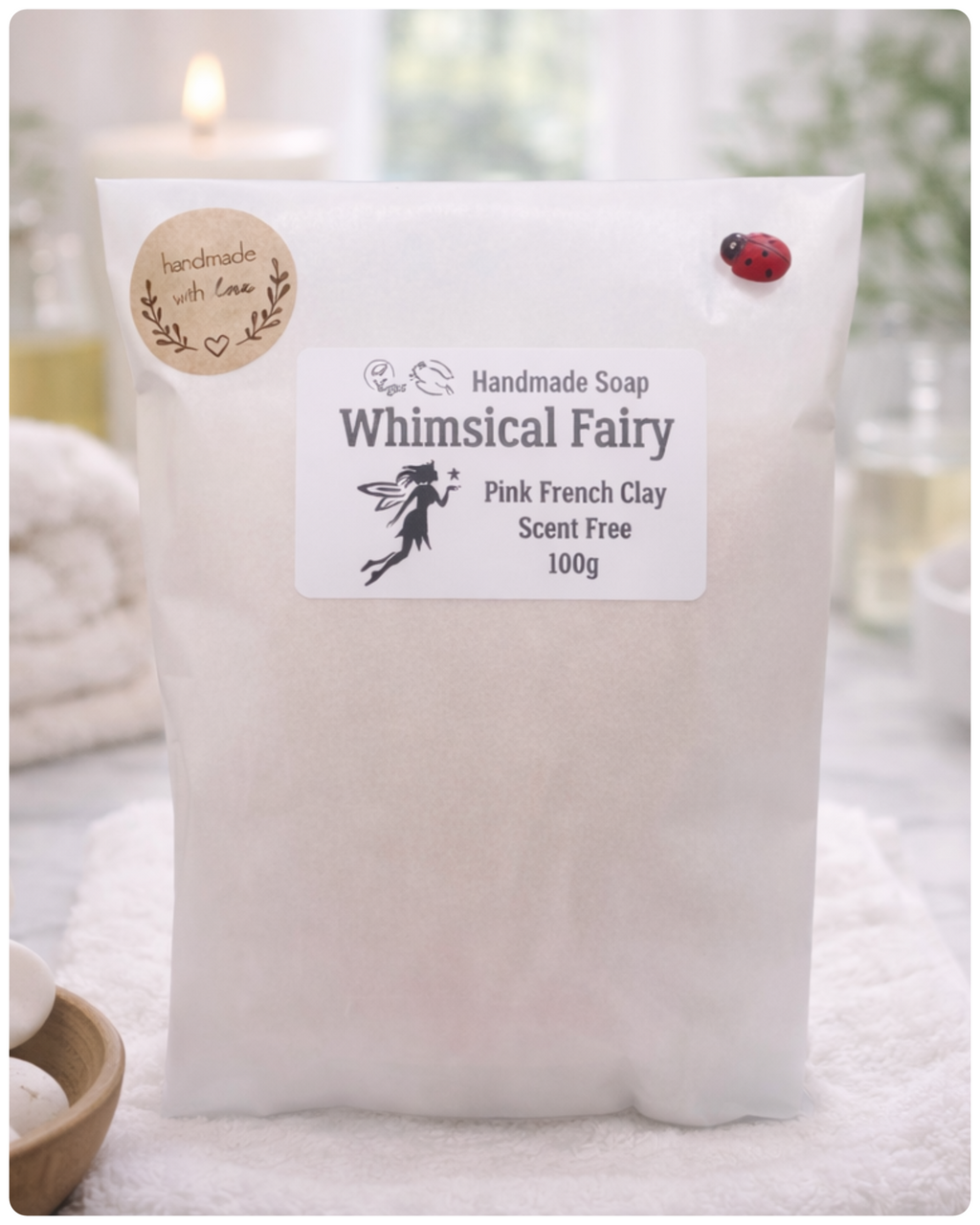 soap package with 'Whimsical Fairy' branding on a soft background