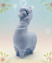 Load image into Gallery viewer, Handmade vegan soaps featuring a llama or alpaca wearing a jumper and sunglasses wrapped in beautiful eco friendly packaging crafted with natural French clays, activated charcoal and essential oils. a eco-friendly, zero waste gift that’s cruelty-free, skin-nourishing, and perfect for alpaca or llama gifts and animal themed gifts. small business UK
