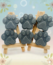 Load image into Gallery viewer, Handmade vegan soaps shaped with paw prints. set of 6, beautifully gift boxed in eco friendly packaging.  crafted with natural French clays, activated charcoal and essential oils. a eco-friendly, zero waste gift that’s cruelty-free, skin-nourishing, and perfect for animal lovers and gifting. Small Business UK 
