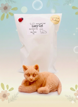Load image into Gallery viewer, Handmade vegan soaps featuring a lazy cat, in beautiful eco friendly packaging. crafted with natural French clays, activated charcoal and essential oils. a eco-friendly, zero waste gift that’s cruelty-free, skin-nourishing, the perfect gift for cat lovers or for animal lovers. small business UK
