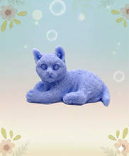 Load image into Gallery viewer, Handmade vegan soaps featuring a lazy cat, in beautiful eco friendly packaging. crafted with natural French clays, activated charcoal and essential oils. a eco-friendly, zero waste gift that’s cruelty-free, skin-nourishing, the perfect gift for cat lovers or for animal lovers. small business UK
