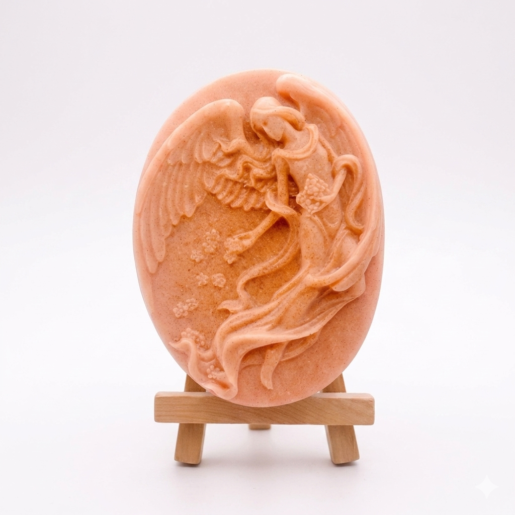 An oval-shaped handmade vegan soap, featuring an intricate relief carving of a guardian angel with large wings holding flowers