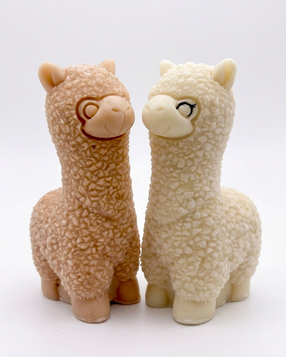 handmade vegan soap in the shape of a realistic standing alpaca sculpture, featuring detailed curly wool texture and a smiling face