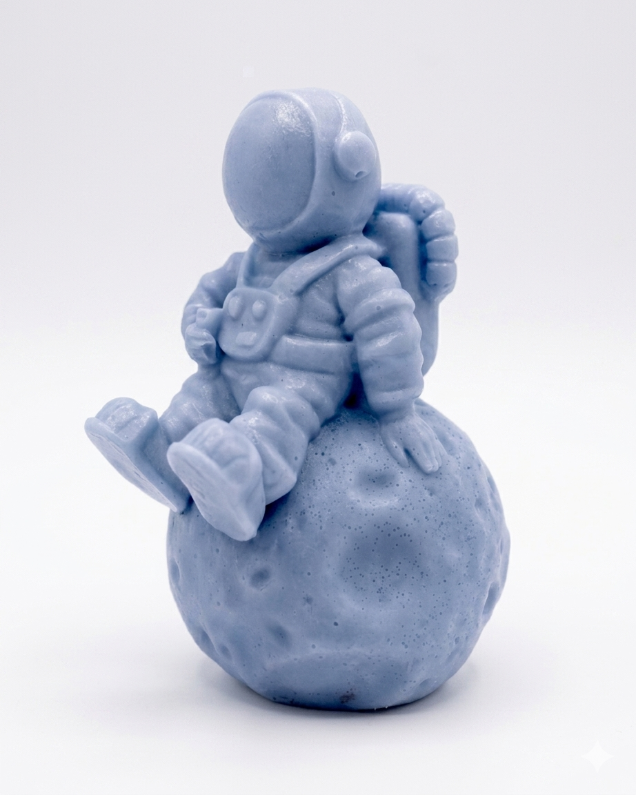 handmade vegan soap in the shape of a realistic astronaut sculpture sitting on the moon, featuring detailed spacesuit textures and craters on the lunar surface