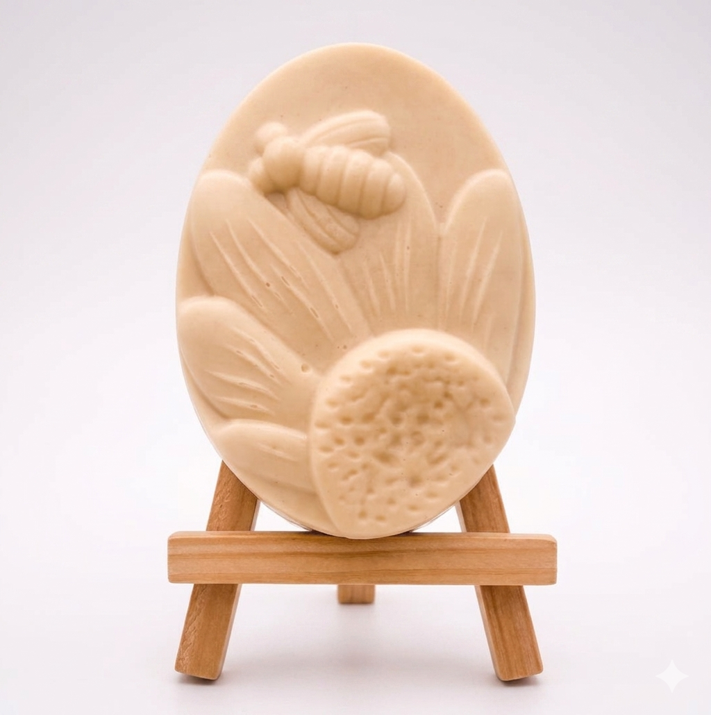 A handmade vegan soap in a natural colour, featuring an oval relief of a honeybee landing on a large sunflower with detailed petals and a textured centre, displayed on a small wooden easel.