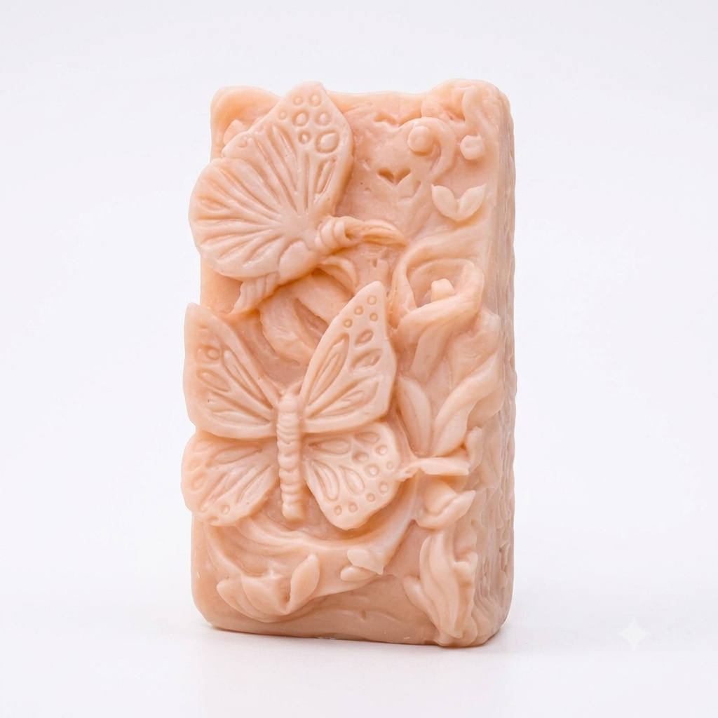 handmade vegan soap featuring a detailed relief of butterflies and flowers, displayed on a wooden easel