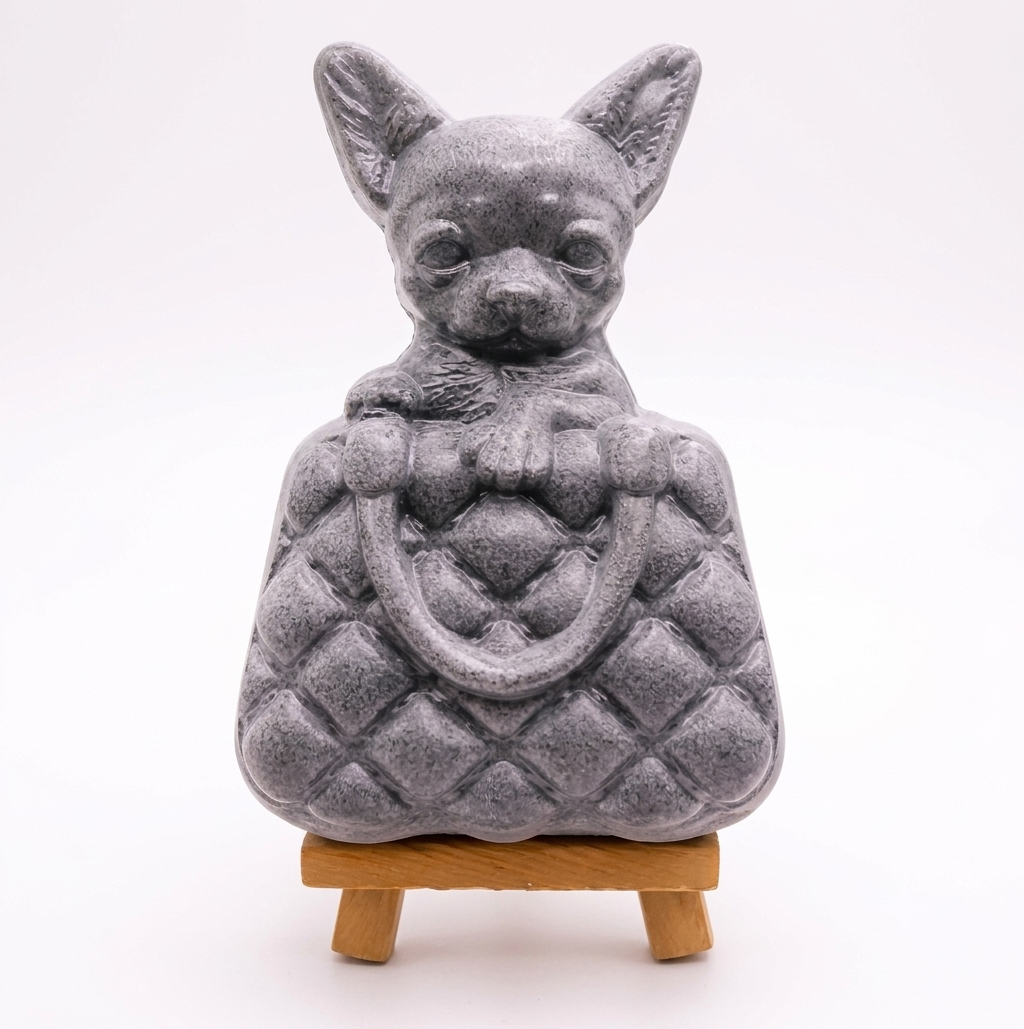 A highly detailed handmade vegan soap in a speckled grey marble finish, sculpted as a small chihuahua puppy with large ears peeking out from inside a quilted designer-style handbag, displayed on a miniature wooden easel.