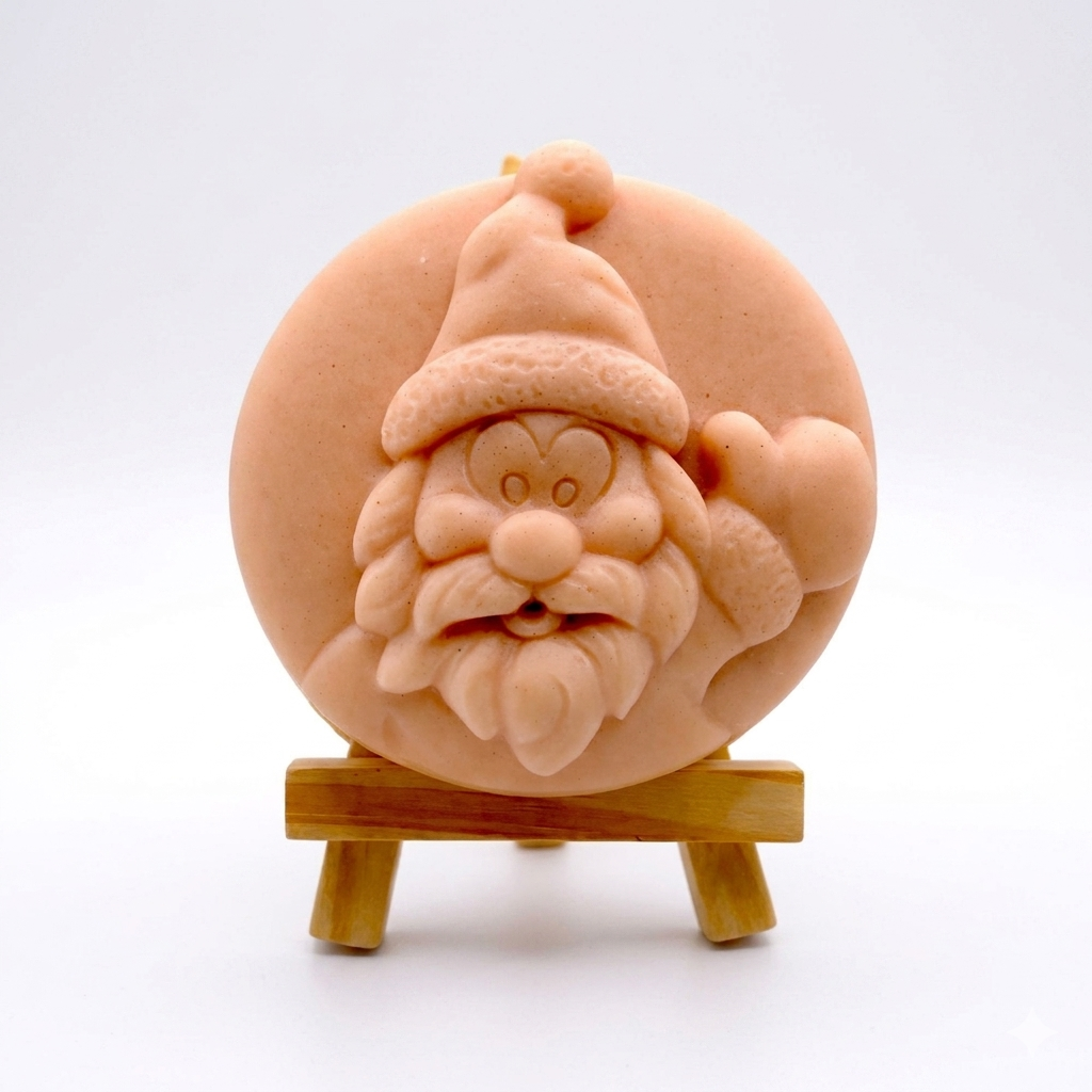 A circular handmade vegan soap featuring a detailed high-relief carving of a jolly Father Christmas waving, with a textured beard and a classic Santa hat, displayed on a miniature wooden easel.