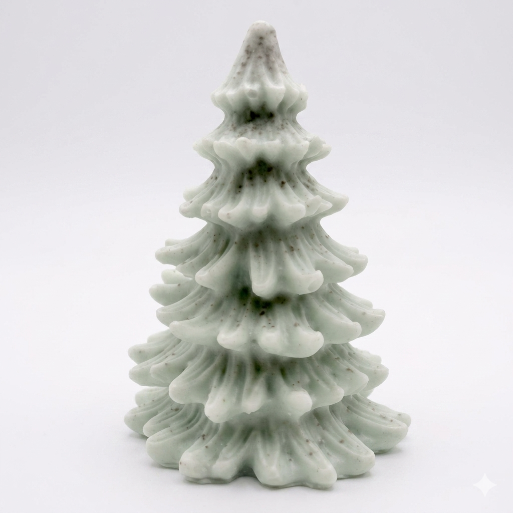 vegan soap sculpted into a realistic evergreen Christmas tree with multiple layers of textured, needle-like branches
