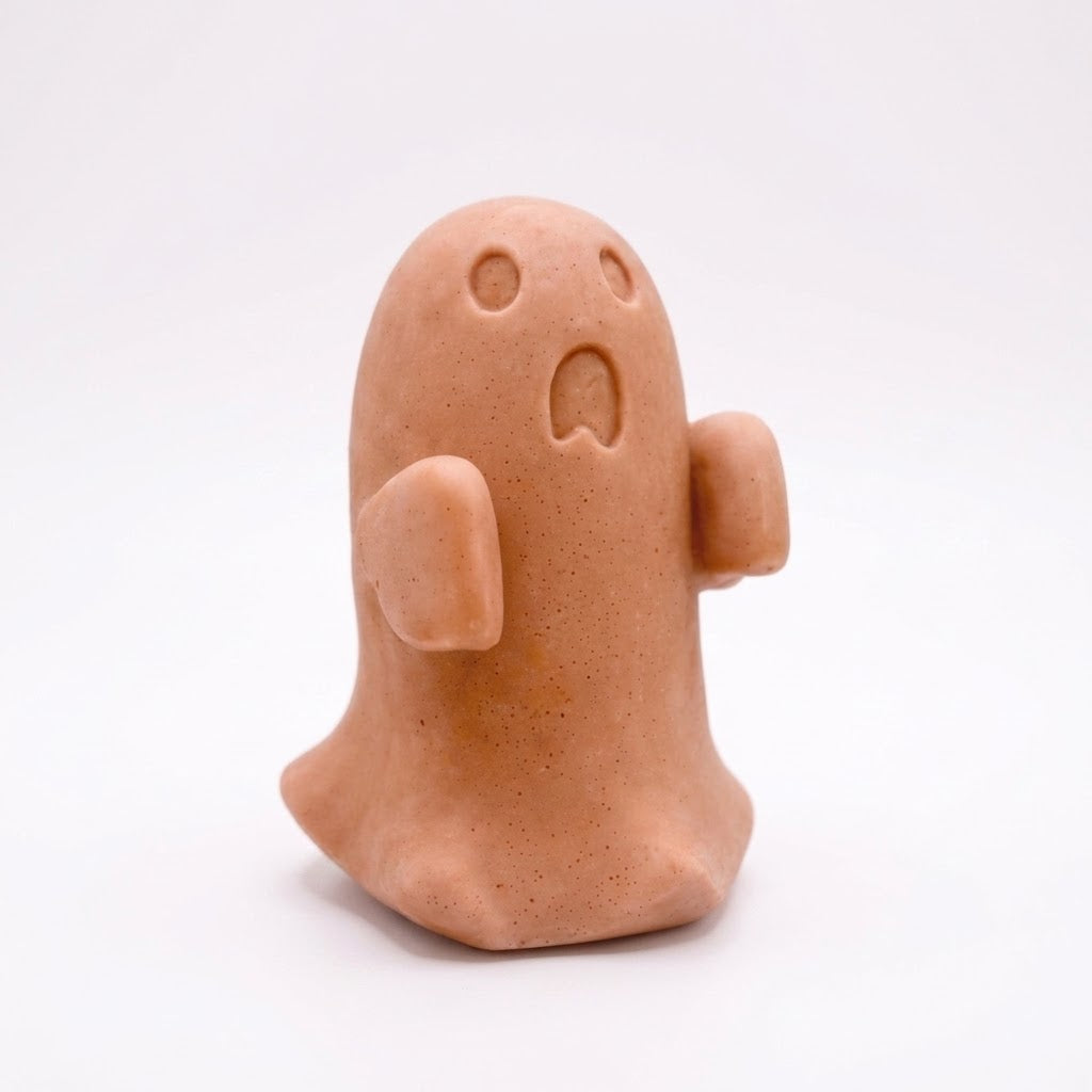 Handmade vegan soap ghost gift with a surprised expression