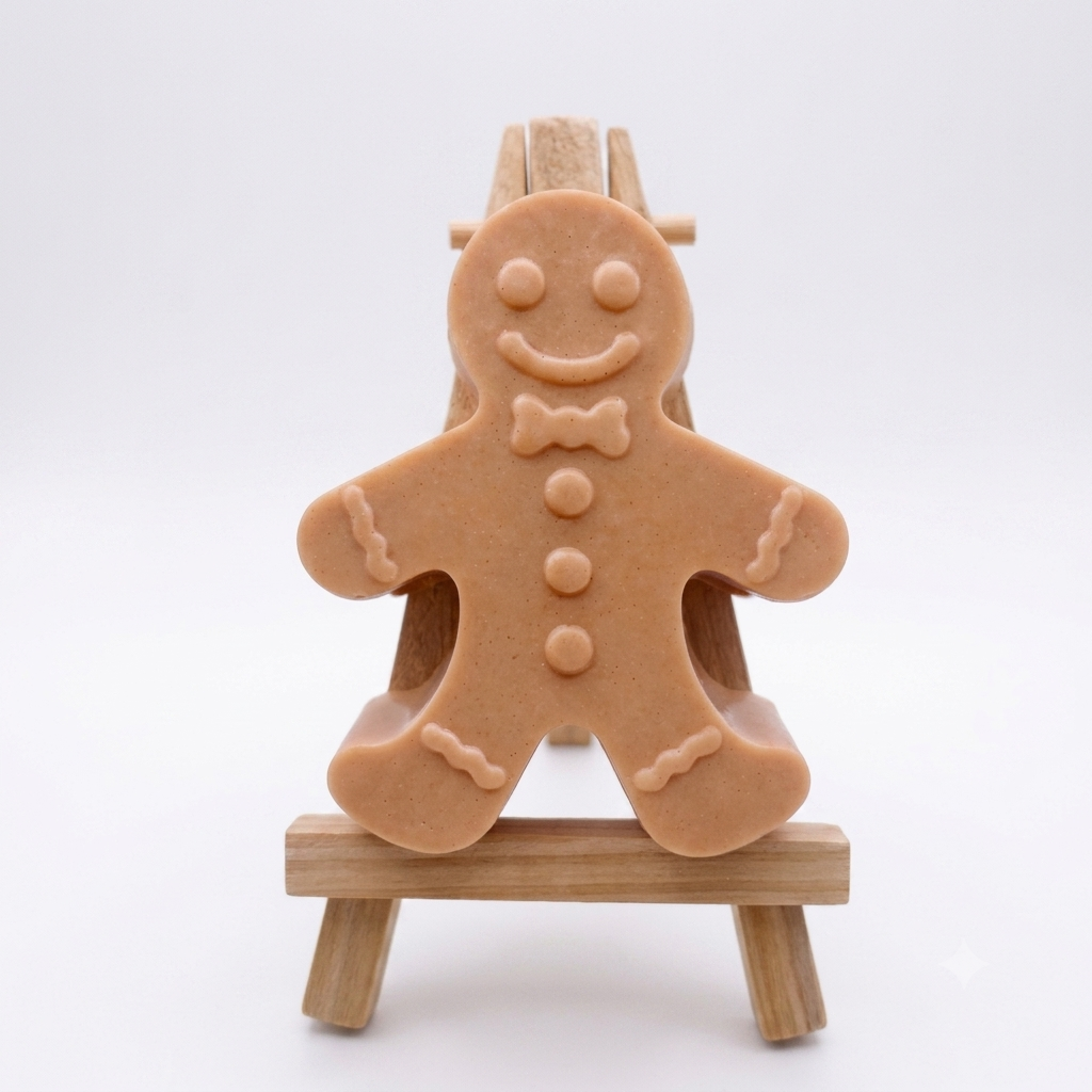A handmade vegan featuring a classic gingerbread man with a smiling face, a bow tie, and decorative icing details on his arms and legs, displayed on a miniature wooden easel.