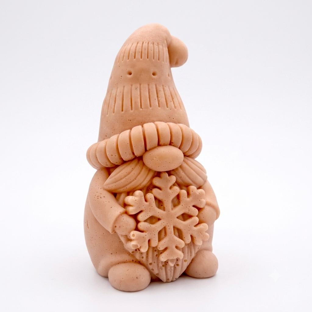 handmade vegan soap in the shape of a winter gnome sculpture holding a large snowflake, featuring a tall textured hat and a bushy moustache