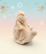 Load image into Gallery viewer, Handmade vegan soaps featuring a detailed snail with a gnome catching a ride on his back soap. crafted with natural French clays, activated charcoal and essential oils. a eco-friendly, zero waste gift that’s cruelty-free, skin-nourishing, and perfect for turtle lovers and gnome lover gifts. small business UK
