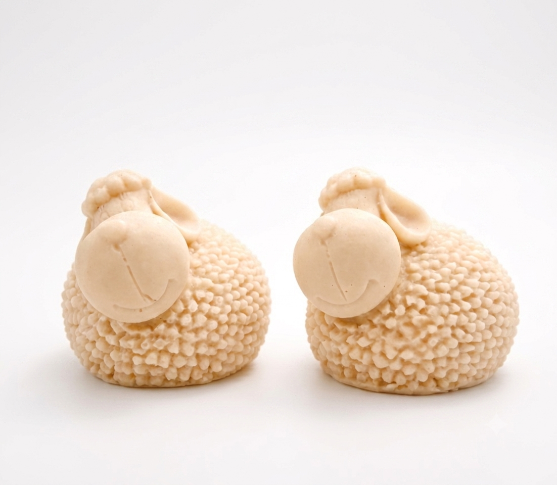 Two handmade vegan soaps in the shape of fluffy spring lambs with detailed wool texture, displayed on a weathered white wooden surface in a bright farmhouse decor room