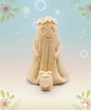 Load image into Gallery viewer, handmade vegan soap featuring a ghost with a flower crown walking a small dog, set against a soft pastel background for a whimsical farmhouse decor touch.

