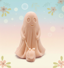 Load image into Gallery viewer, handmade vegan soap featuring a smiling ghost walking a small dog on a lead,
