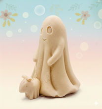 Load image into Gallery viewer, handmade vegan soap featuring a smiling ghost walking a small dog on a lead,
