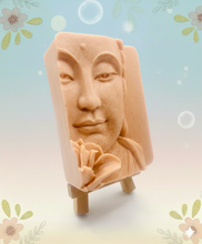 Load image into Gallery viewer, Handmade vegan soaps featuring a beautiful buddha and lotus flower and wrapped in beautiful eco friendly packaging crafted with natural French clays, activated charcoal and essential oils. a eco-friendly, zero waste gift that’s cruelty-free, skin-nourishing, and perfect gift for buddha lovers. small business UK
