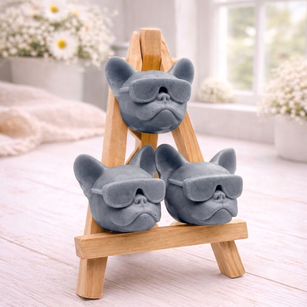 A set of three handmade vegan soaps in the shape of French Bulldog heads wearing sunglasses, displayed on a wooden easel in a bright, modern bathroom setting.