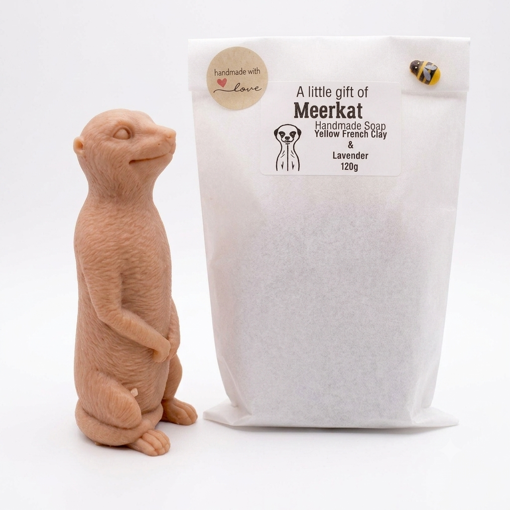 A highly detailed handmade vegan soap, sculpted in the shape of a realistic meerkat standing upright in its iconic sentinel pose, featuring textured fur and a curious facial expression,