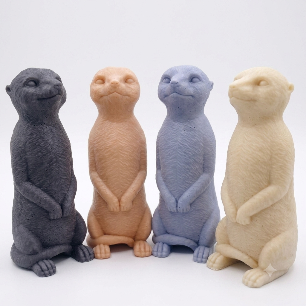 A highly detailed handmade vegan soap, sculpted in the shape of a realistic meerkat standing upright in its iconic sentinel pose, featuring textured fur and a curious facial expression, displayed on a light wooden surface.