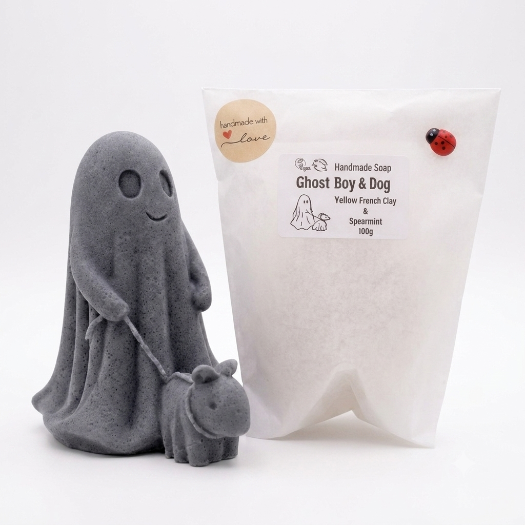 handmade vegan soap featuring a smiling ghost walking a small dog on a lead,