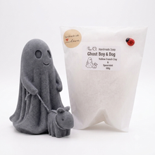 Load image into Gallery viewer, handmade vegan soap featuring a smiling ghost walking a small dog on a lead,
