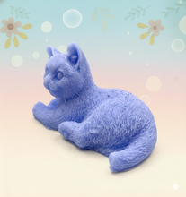 Load image into Gallery viewer, Handmade vegan soaps featuring a lazy cat, in beautiful eco friendly packaging. crafted with natural French clays, activated charcoal and essential oils. a eco-friendly, zero waste gift that’s cruelty-free, skin-nourishing, the perfect gift for cat lovers or for animal lovers. small business UK
