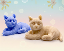 Load image into Gallery viewer, Handmade vegan soaps featuring a lazy cat, in beautiful eco friendly packaging. crafted with natural French clays, activated charcoal and essential oils. a eco-friendly, zero waste gift that’s cruelty-free, skin-nourishing, the perfect gift for cat lovers or for animal lovers. small business UK
