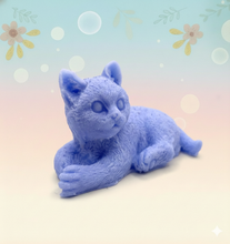 Load image into Gallery viewer, Handmade vegan soaps featuring a lazy cat, in beautiful eco friendly packaging. crafted with natural French clays, activated charcoal and essential oils. a eco-friendly, zero waste gift that’s cruelty-free, skin-nourishing, the perfect gift for cat lovers or for animal lovers. small business UK
