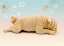 Load image into Gallery viewer, Handmade vegan soap featuring sleepy pug lying down and packed in beautiful eco friendly packaging. crafted with natural French clays, activated charcoal and essential oils. a eco-friendly, zero waste gift that’s cruelty-free, skin-nourishing, and perfect for pug owners, dog lovers or animal themed gifts. Small business UK
