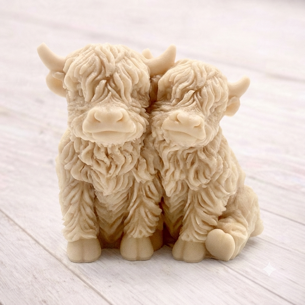 Handmade soap featuring two Highland cows with textured, shaggy fur sitting side by side on a light wooden surface with a softly indoor background.