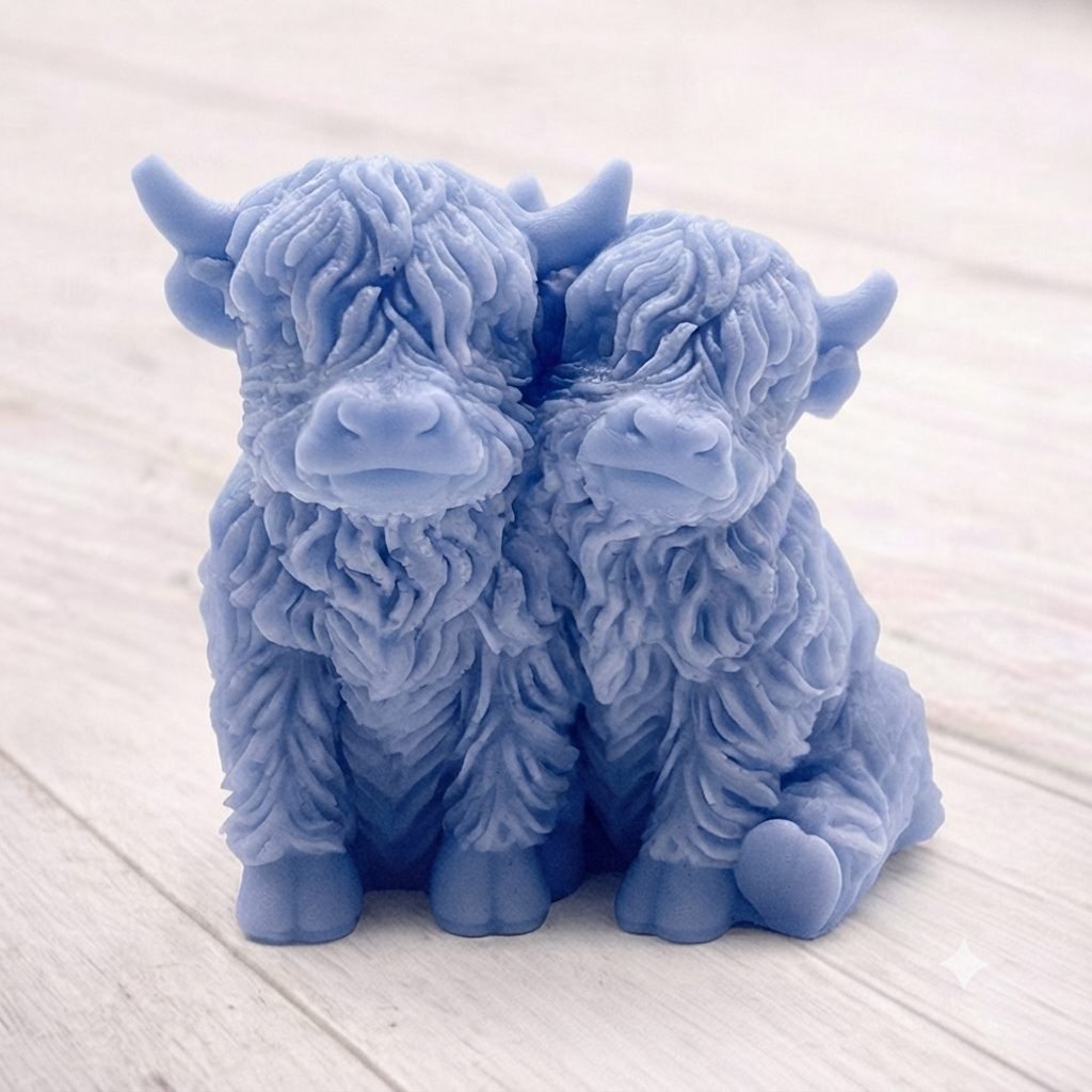 Handmade soap featuring two Highland cows with textured, shaggy fur sitting side by side on a light wooden surface with a softly indoor background.