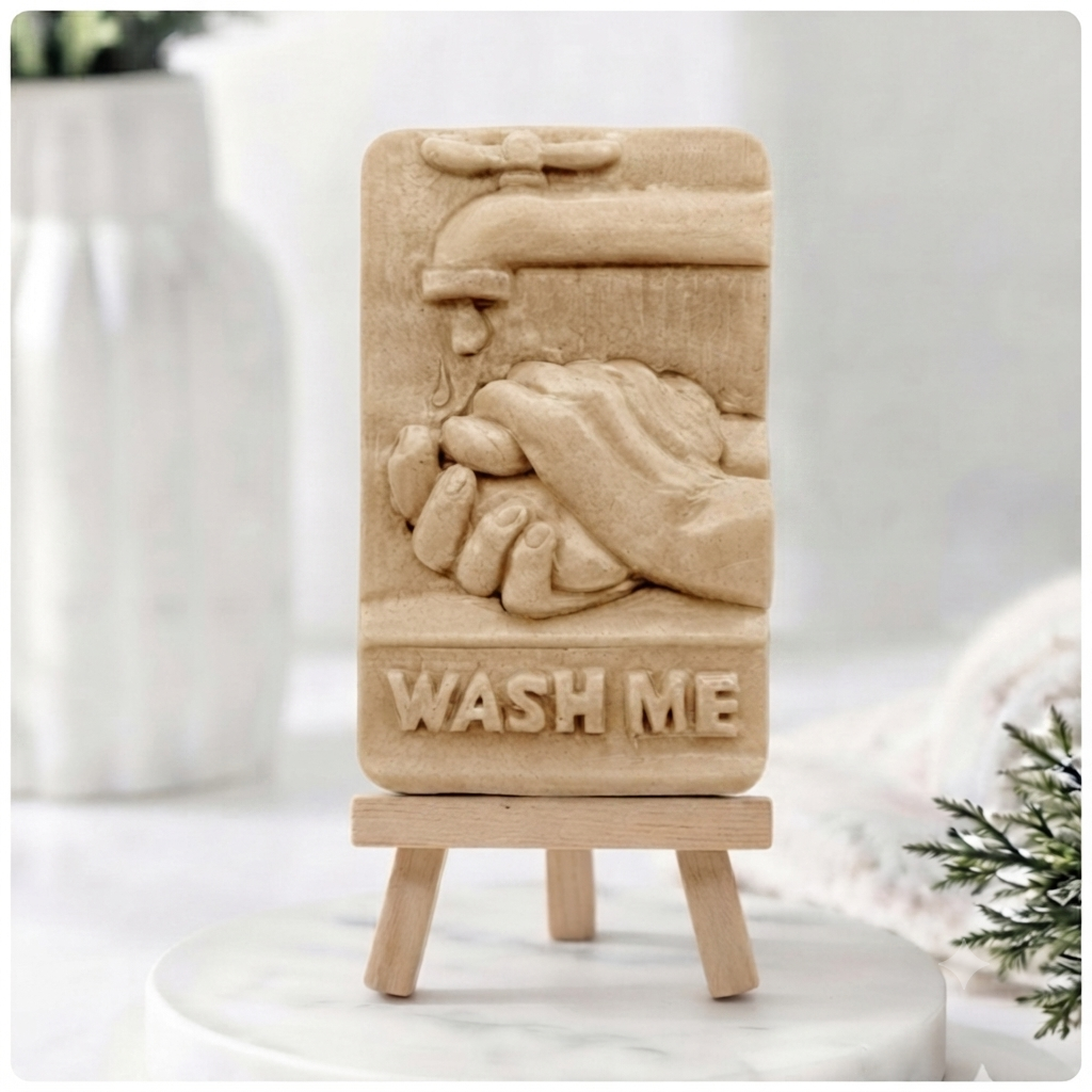 handmade vegan soap featuring a relief sculpture of hands being washed under a dripping tap with the words "WASH ME" at the base, displayed on a small wooden easel in a bright farmhouse decor kitchen setting.