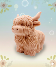 Load image into Gallery viewer, Handmade vegan soaps featuring a  large detailed highland cow. crafted with natural French clays, activated charcoal and essential oils. a eco-friendly, zero waste gift that’s cruelty-free, skin-nourishing, and perfect for highland coo lovers and animal themed gifts. small business UK
