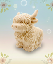 Load image into Gallery viewer, Handmade vegan soaps featuring a  large detailed highland cow. crafted with natural French clays, activated charcoal and essential oils. a eco-friendly, zero waste gift that’s cruelty-free, skin-nourishing, and perfect for highland coo lovers and animal themed gifts. small business UK

